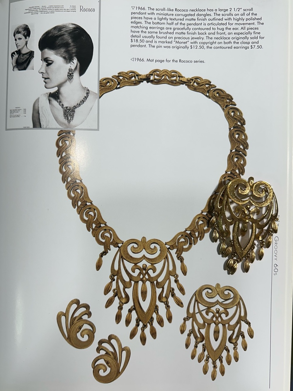 Vtg: 1966 MONET Rococo Scroll Gold Plated Dangle Accent Brooch